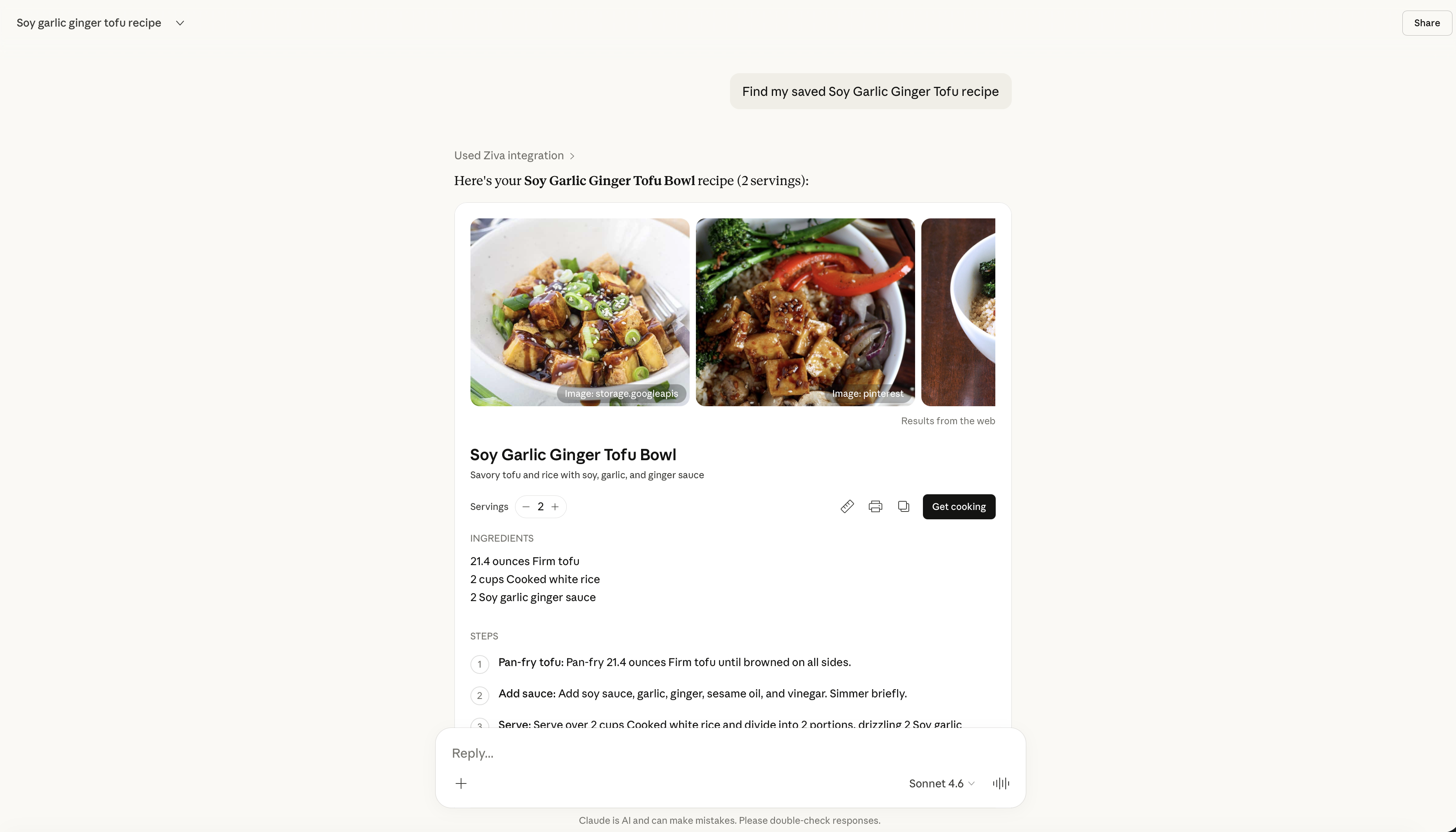 Saved Soy Garlic Ginger Tofu recipe in Claude showing ingredients and cooking steps